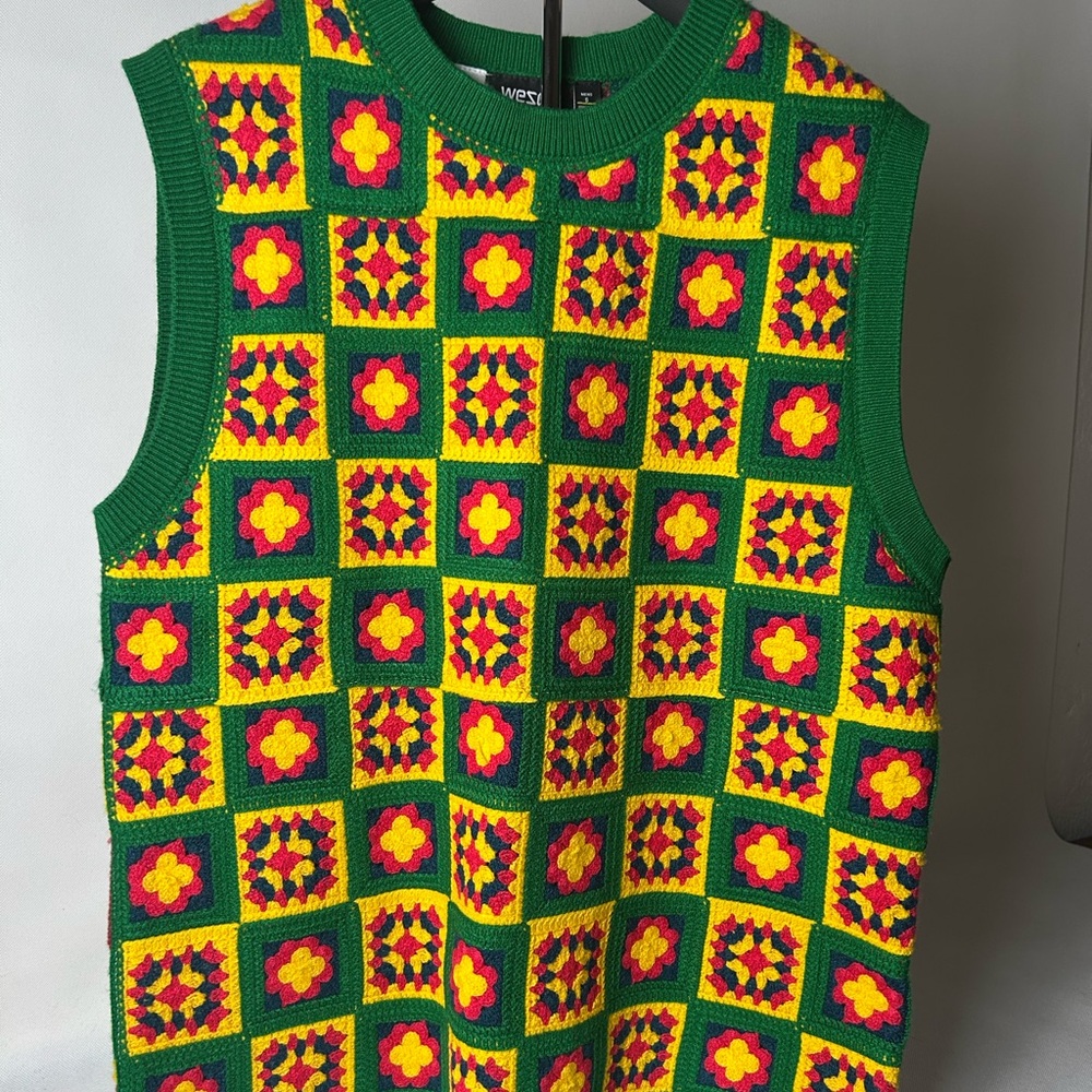 Wesc Green and Yellow Geometric Sweater Vest Retro Style.